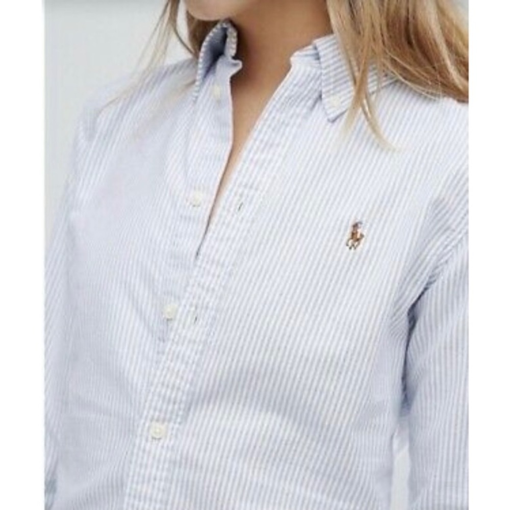 RALPH LAUREN SPORT White blue striped Logo Oxford size 10 logo pony classic